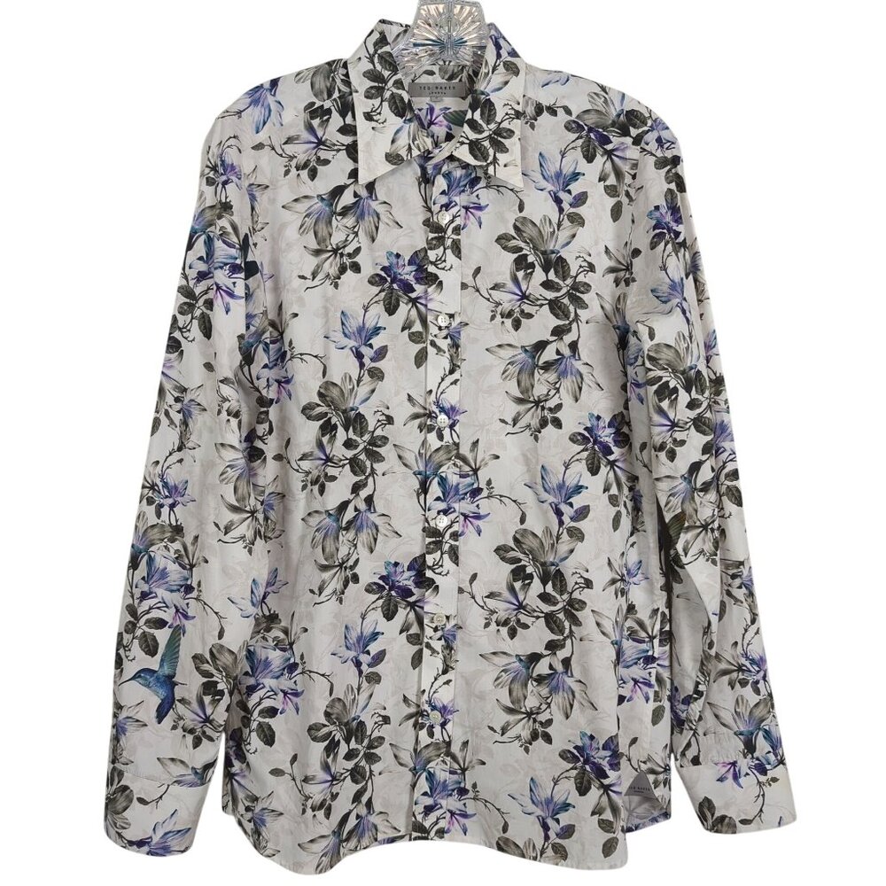 Ted Baker women's Floral Hummingbird Print Long Sleeve Button-Up Shirt sz 2 sz 6